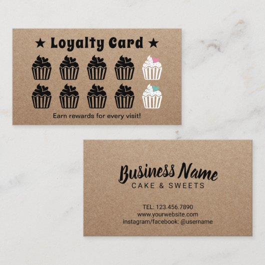 Cute Cupcakes Pastry Bakery Kraft Loyalty Reward (Voorkant / Achterkant)