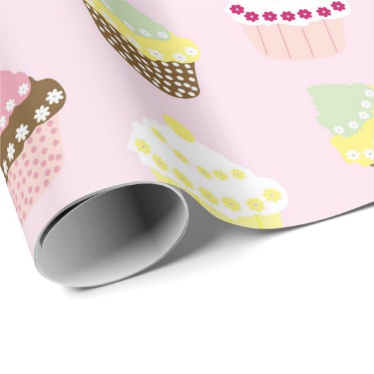 Cute Cupcakes Pattern Pastel Pink Cadeaupapier (Rol Hoek)