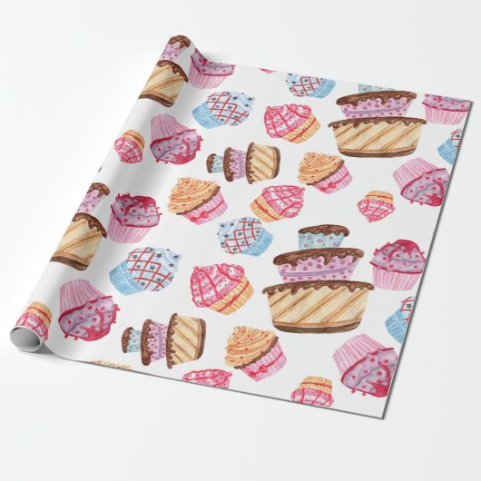 Cute Cupcakes Pattern Wrapping Paper Cadeaupapier (Uitgerold)