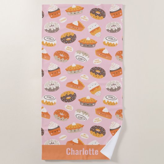 Cute cupcakes, taarten en donuts, met naam op roze strandlaken (Voorkant)