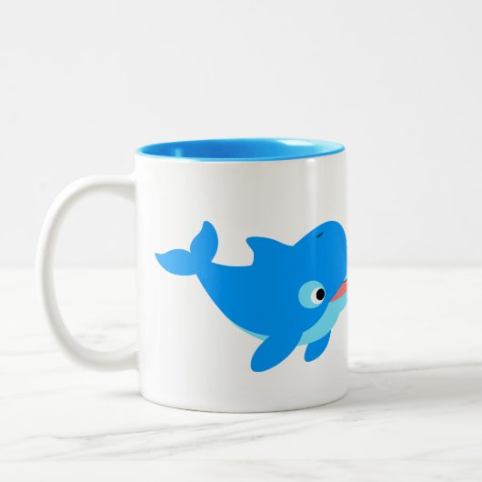 Cute Curious Cartoon Dolphin Tweekleurige Koffiemok (Links)