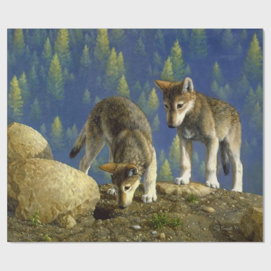 Cute Curious Gray Wolf Pups Cadeaupapier (Vlak)