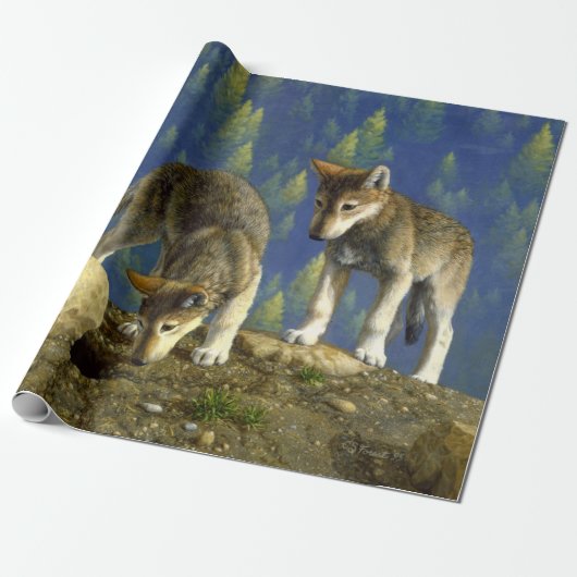 Cute Curious Gray Wolf Pups Cadeaupapier (Uitgerold)