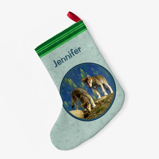 Cute Curious Gray Wolf Pups Kleine Kerstsok (Achterkant (Hangend))