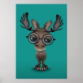 Cute Curious Moose Nerd Wearing Glasses Turquoise Poster (Voorkant)