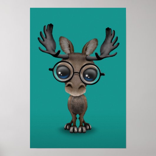 Cute Curious Moose Nerd Wearing Glasses Turquoise Poster (Voorkant)