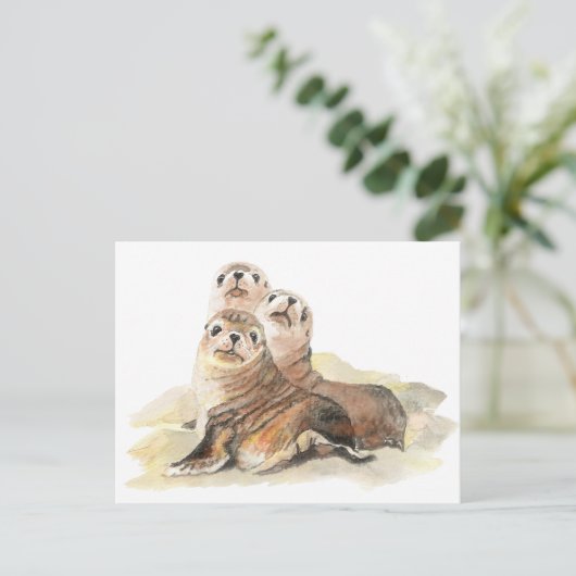 Cute Curious Seals, Waterverf Animals Briefkaart (Staand voorkant)