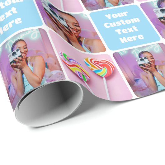 Cute Custom 3 Photo Modern Retro Blue Pattern Cadeaupapier (Rol Hoek)