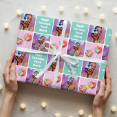 Cute Custom 3 Photo Modern Retro Green Pattern Cadeaupapier