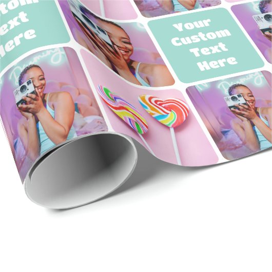 Cute Custom 3 Photo Modern Retro Green Pattern Cadeaupapier (Rol Hoek)