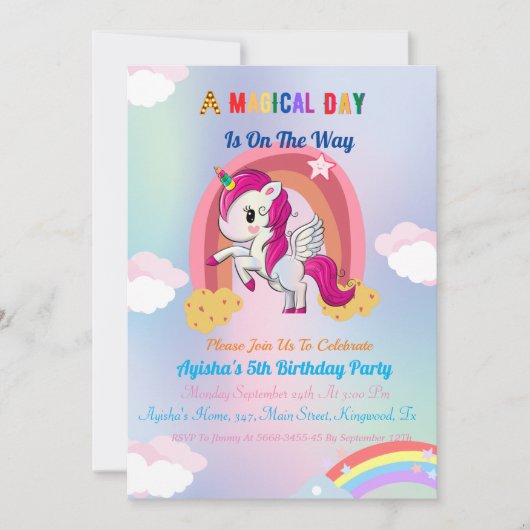 Cute custom 5th Unicorn Birthday Party Invit in Kaart (Voorkant)