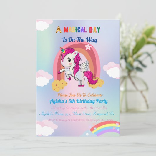 Cute custom 5th Unicorn Birthday Party Invit in Kaart (Staand voorkant)