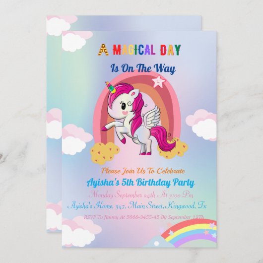 Cute custom 5th Unicorn Birthday Party Invit in Kaart (Voorkant / Achterkant)