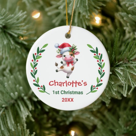 Cute Custom Baby's First Christmas Festive Cow Keramisch Ornament (Boom)