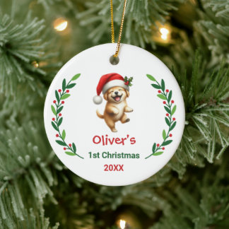 Cute Custom Baby's First Christmas Festive Puppy Keramisch Ornament