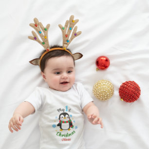Cute Custom Baby's First Kerstman Baby Penguin Romper