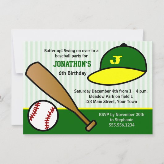 Cute Custom Baseball Birthday Party Green & Yellow Kaart (Voorkant)