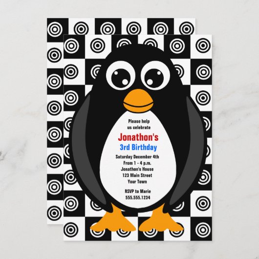Cute Custom Birthday Party Penguin Invitation Kaart (Voorkant / Achterkant)