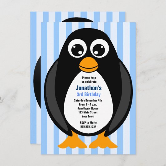Cute Custom Birthday Party Penguin Invite - Blue Kaart (Voorkant / Achterkant)