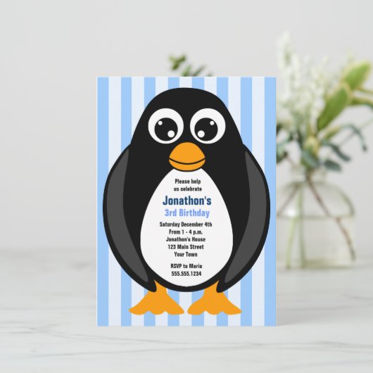 Cute Custom Birthday Party Penguin Invite - Blue Kaart (Staand voorkant)
