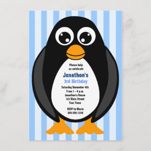 Cute Custom Birthday Party Penguin Invite - Blue Kaart