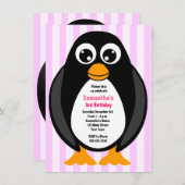 Cute Custom Birthday Party Penguin Invite - Roze Kaart (Voorkant / Achterkant)