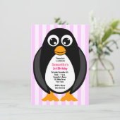 Cute Custom Birthday Party Penguin Invite - Roze Kaart (Staand voorkant)