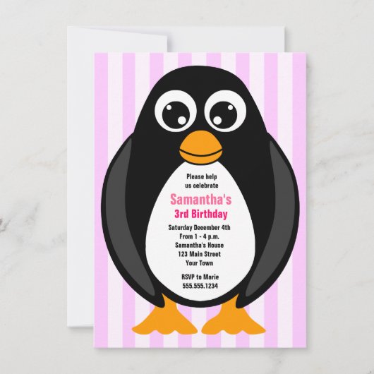 Cute Custom Birthday Party Penguin Invite - Roze Kaart (Voorkant)