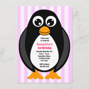 Cute Custom Birthday Party Penguin Invite - Roze Kaart