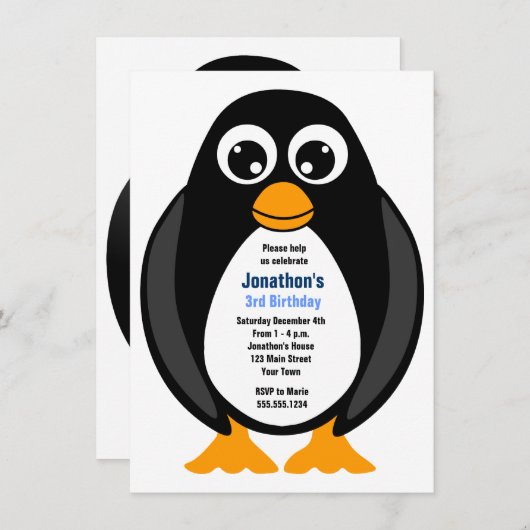 Cute Custom Birthday Party Penguin Invite - White Kaart (Voorkant / Achterkant)