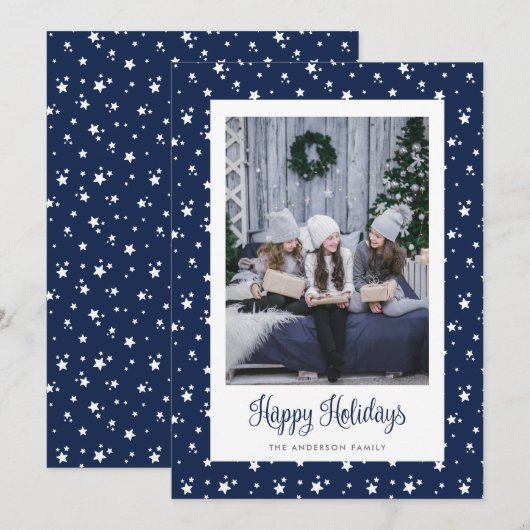 Cute Custom Blue Stars Photo Holiday Cards Feestdagenkaart (Voorkant / Achterkant)