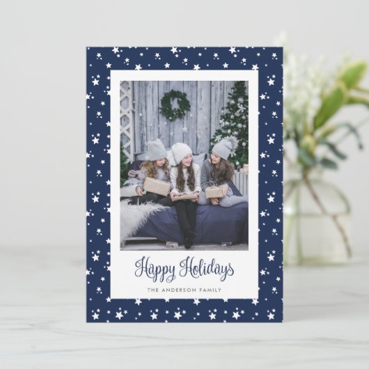 Cute Custom Blue Stars Photo Holiday Cards Feestdagenkaart (Staand voorkant)
