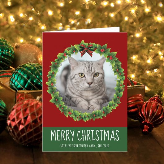 Cute Custom Cat Merry kerst Wreate Red Holiday Feestdagen Kaart