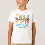 Cute Custom Circus Animal Train 5th Birthday Kids T-shirt<br><div class="desc">This adorable circus animal birthday themed outfit features zoo animals out on a safari. The train contains a giraffe,  elephant,  tiger,   and a cute hippo above the text It's My 5th Birthday written in orange,  green,  red,  and blue colors. Personalize with your child's name for a toddler turning 5.</div>