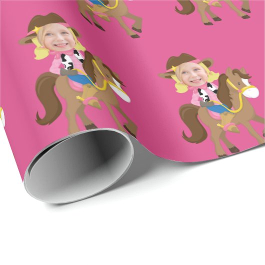 Cute Custom Cowgirl Blonde Kids Face Photo Pink Cadeaupapier (Rol Hoek)