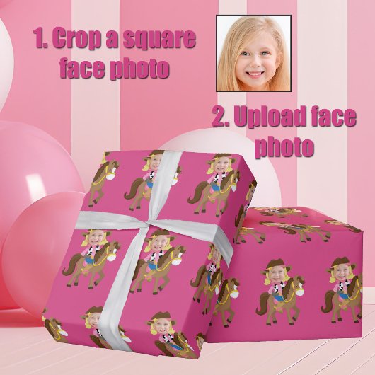 Cute Custom Cowgirl Blonde Kids Face Photo Pink Cadeaupapier