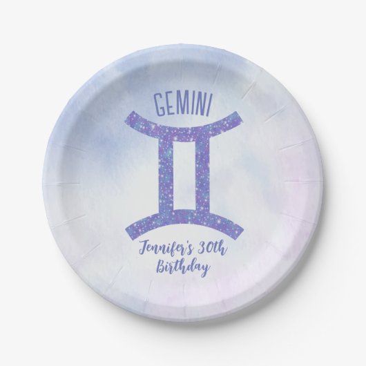 Cute Custom Gemini Sign Paars Birthday Party Papieren Bordje (Voorkant)