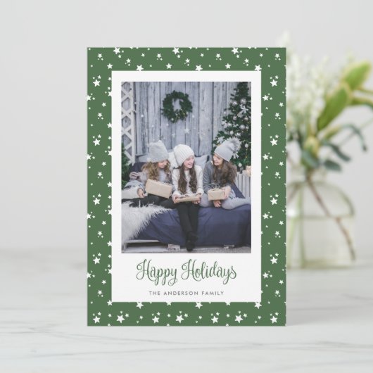 Cute Custom Green Stars Foto Feestdagenkaart (Staand voorkant)