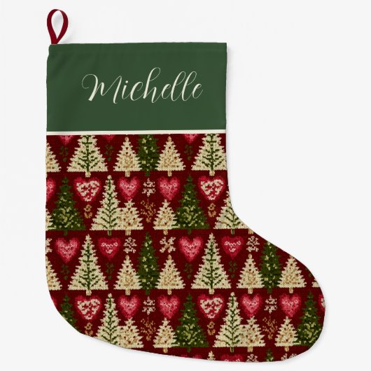 Cute Custom Knitted Style Christmas Trees Pattern  Grote Kerstsok (Voorkant)