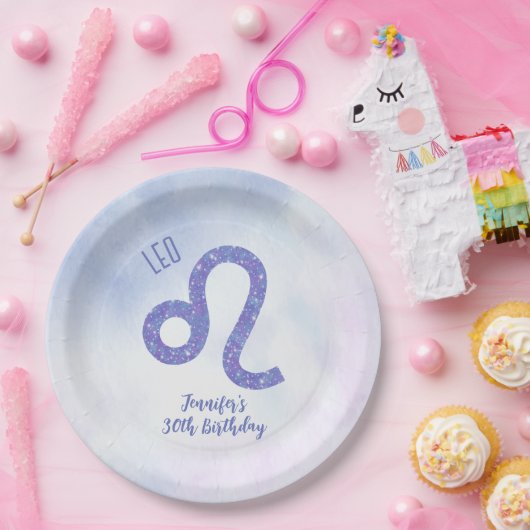 Cute Custom Leo Astrology Paars Birthday Party Papieren Bordje (Feest)