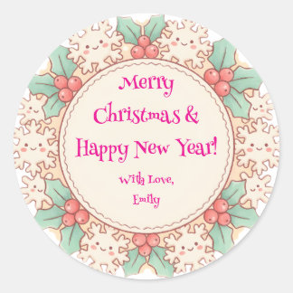 Cute Custom Merry Christmas & Happy New Year Holly Ronde Sticker