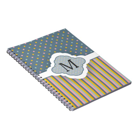 Cute Custom Monogram Polka Dot Stripes Pattern Notitieboek (Rechterzijde)