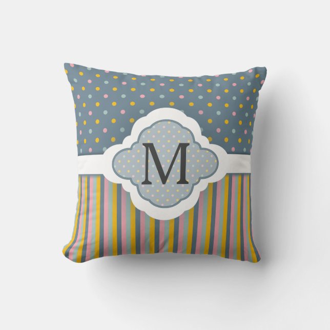 Cute Custom Monogram Polka Dot Striptern Kussen (Voorkant)