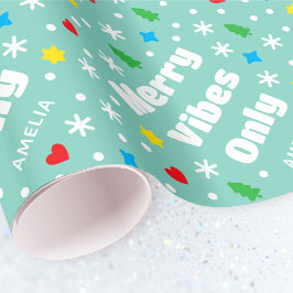 Cute Custom Name Holiday Retro Green Christmas Cadeaupapier
