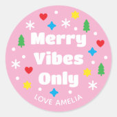 Cute Custom Name Holiday Retro Pink Christmas Ronde Sticker (Voorkant)