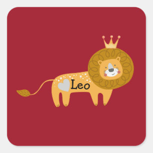 Cute Custom Name Lion met Crown & Heart Burgundy Vierkante Sticker