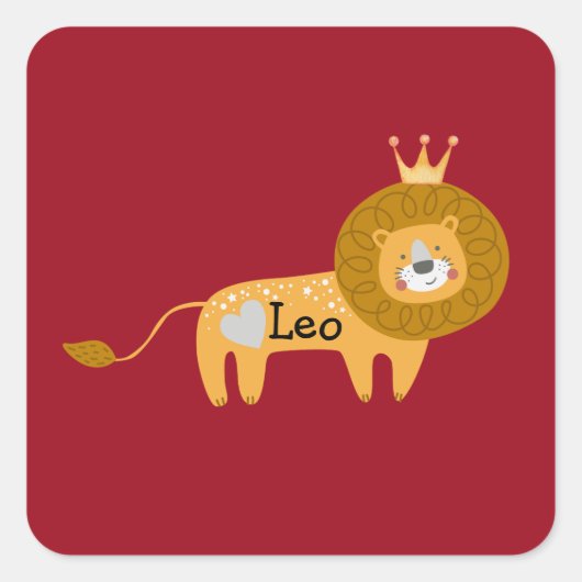 Cute Custom Name Lion met Crown & Heart Burgundy Vierkante Sticker (Voorkant)