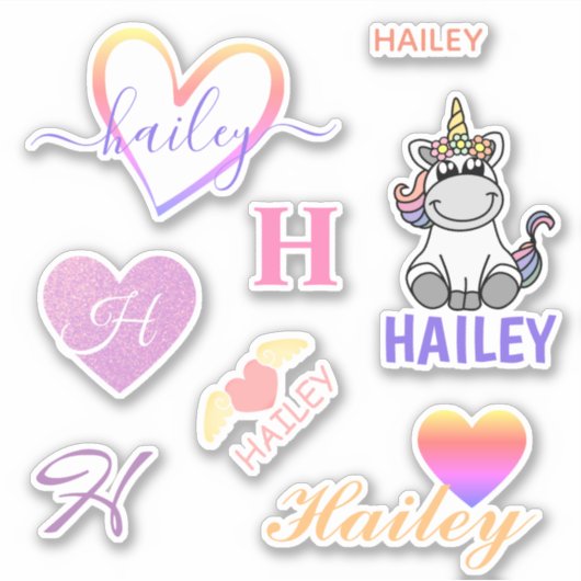 Cute Custom Name Unicorn Rainbow Verschillende let Sticker (Voorkant)