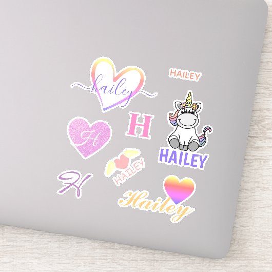 Cute Custom Name Unicorn Rainbow Verschillende let Sticker (Detail)