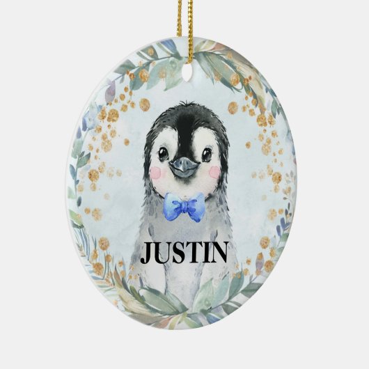 Cute Custom Name Waterverf Penguin Greenery Keramisch Ornament (Rechts)